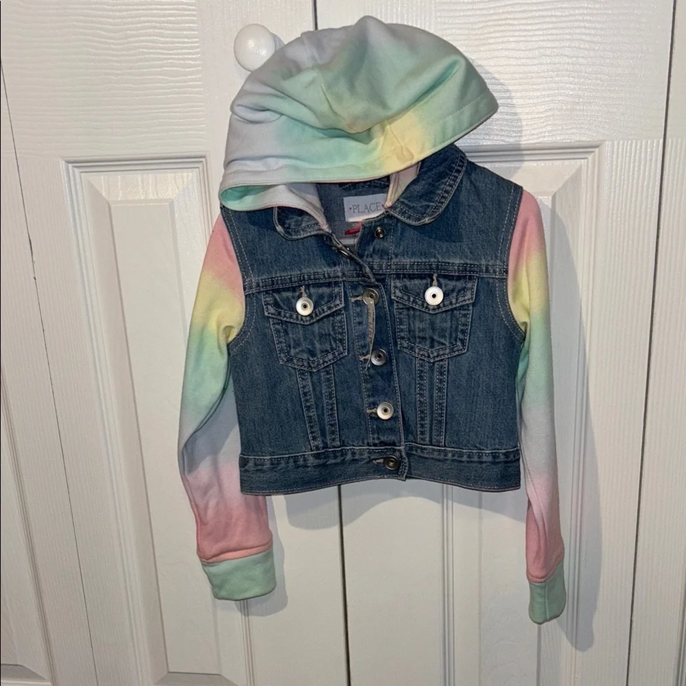 THE PLACE Blue and Pink Cropped Jean Jacket with Hood size 4
